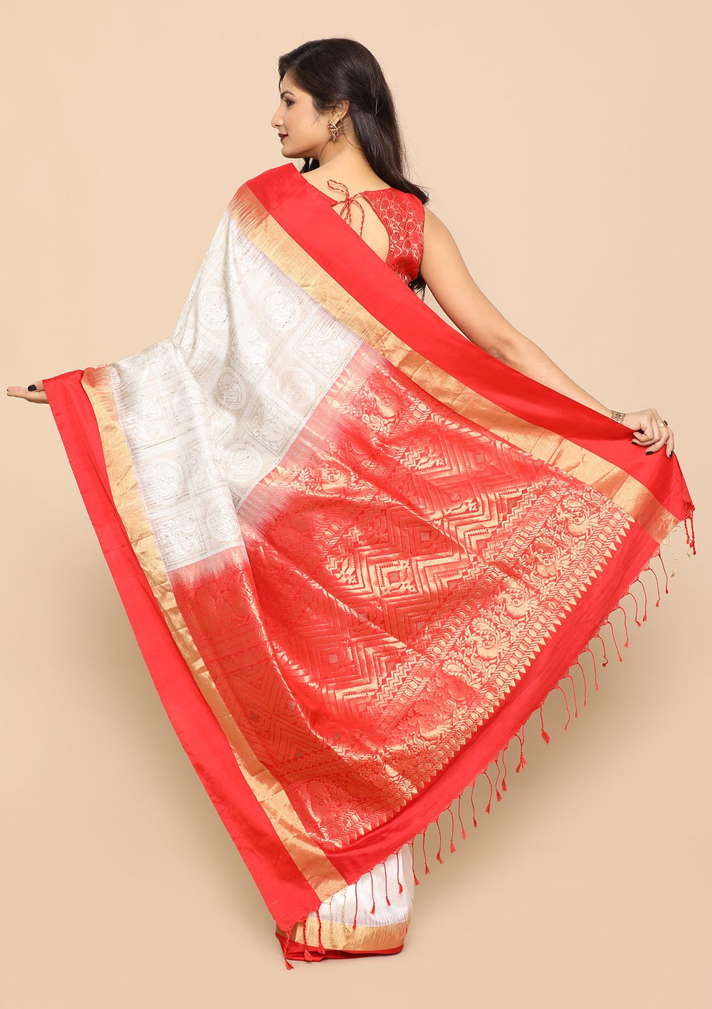 Red and White Pure Handwoven Saree-Koskii