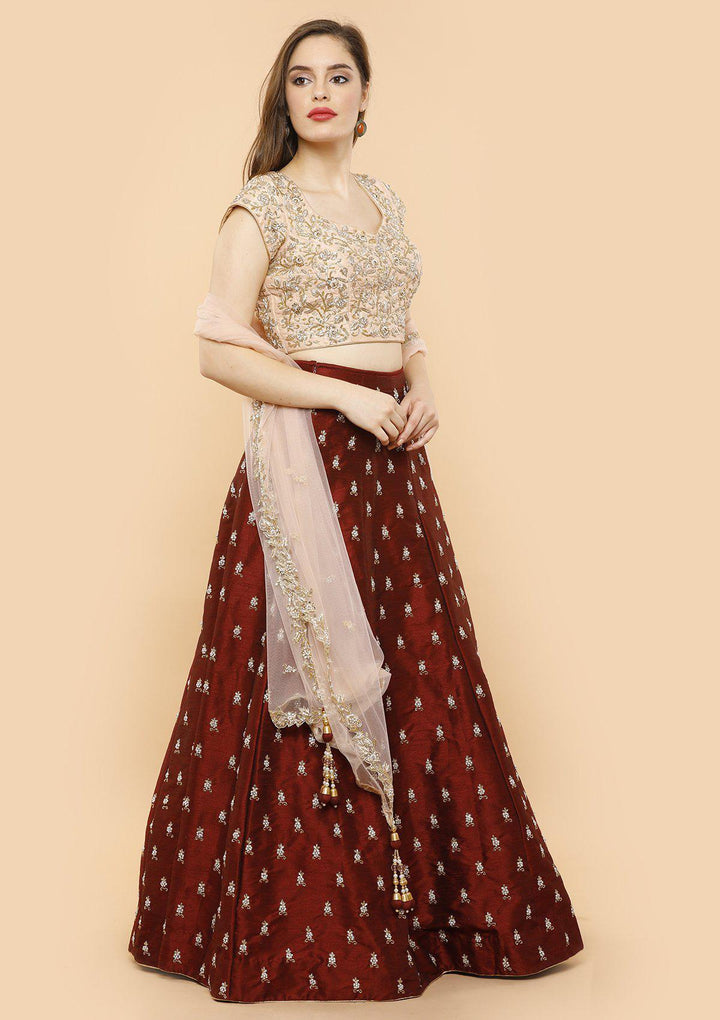 KOSKII rawsilk maroon and pink bridal lehenga-Koskii