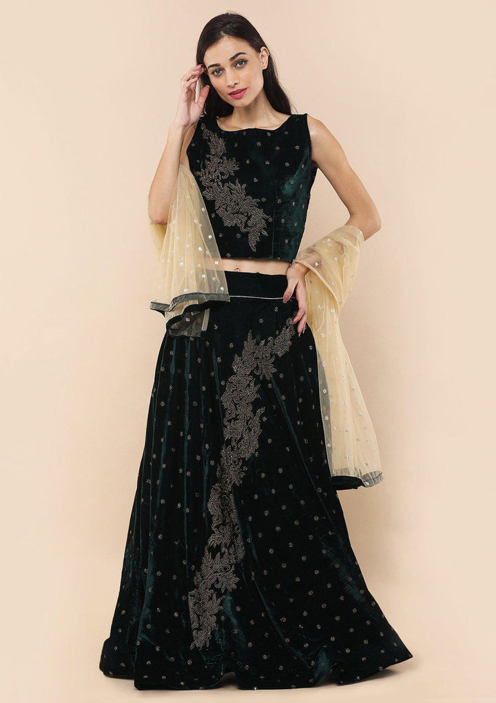 Bottle Green Sequinned Velvet Designer Lehenga-Koskii