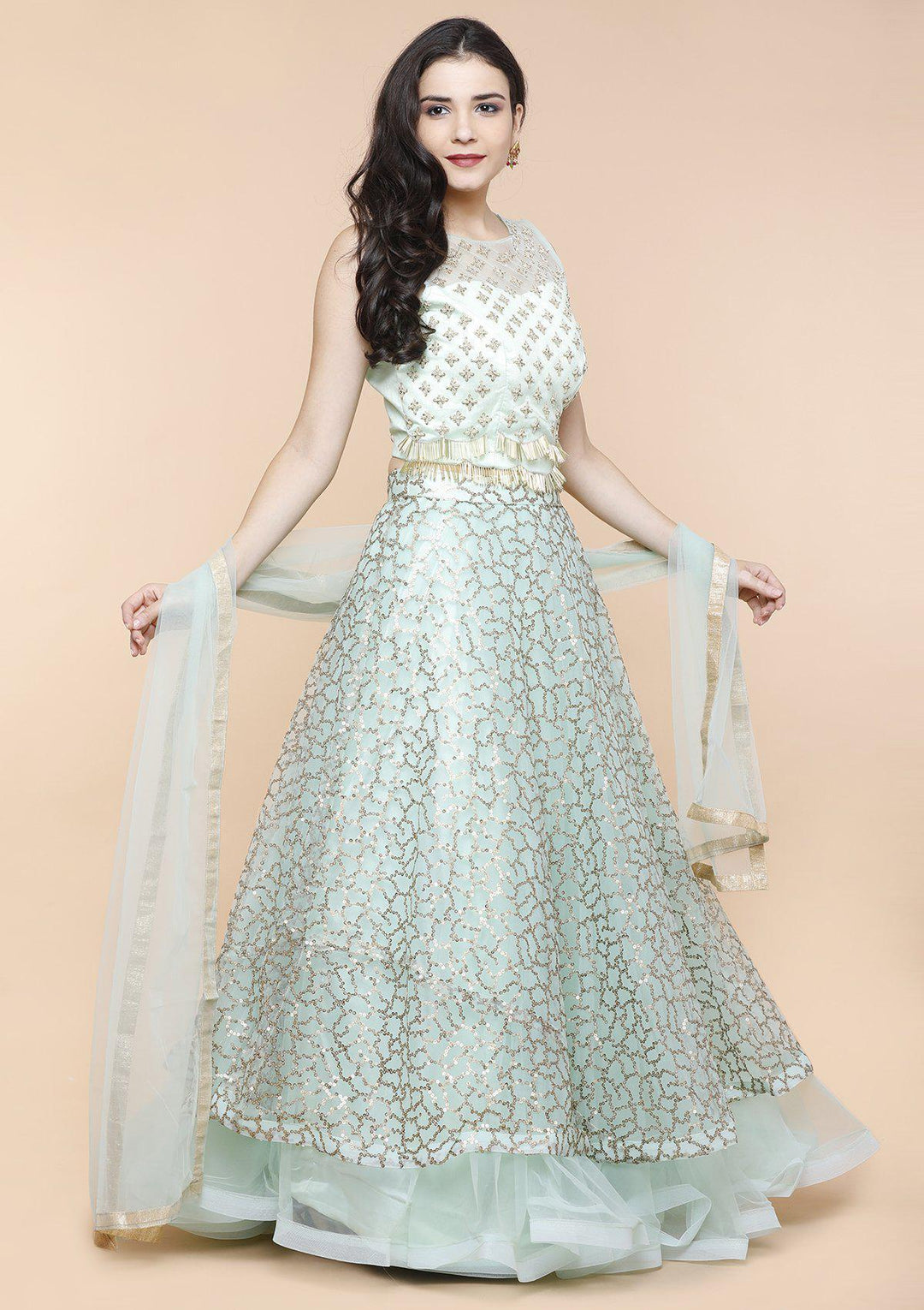 Sea Green Sequinned Designer Lehenga-Koskii