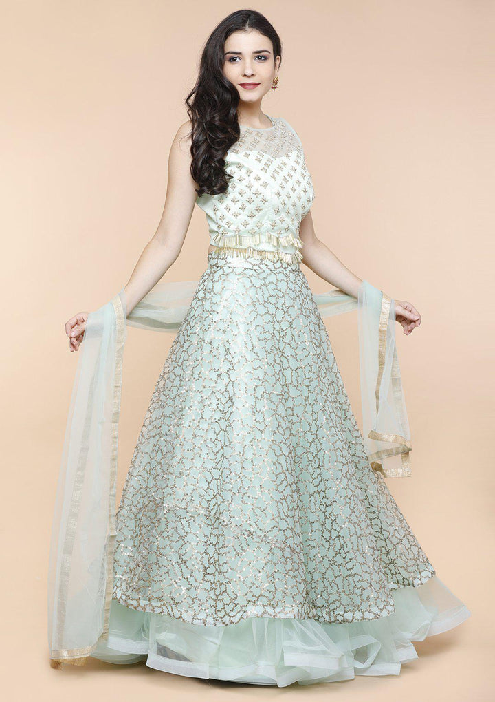 Sea Green Sequinned Designer Lehenga-Koskii