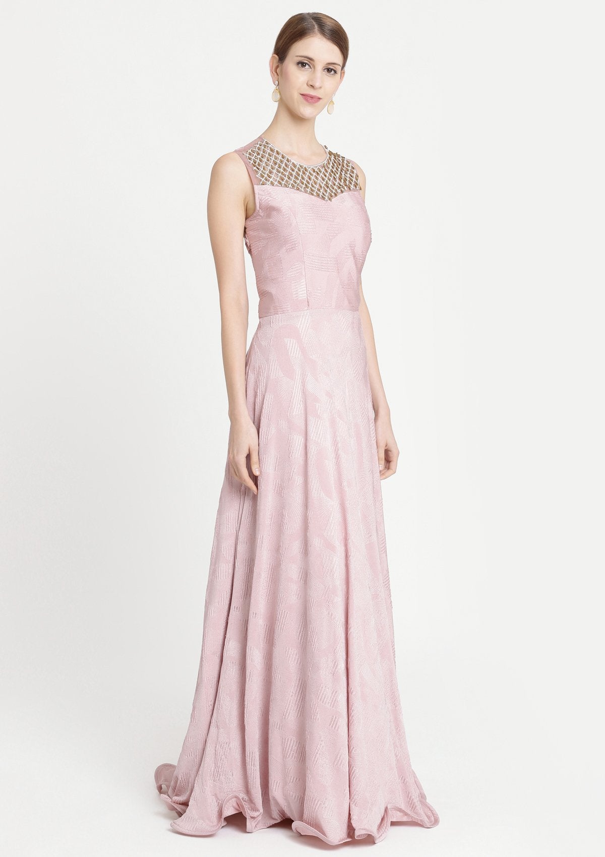 Baby Pink Pearlwork Lycra Designer Gown-Koskii