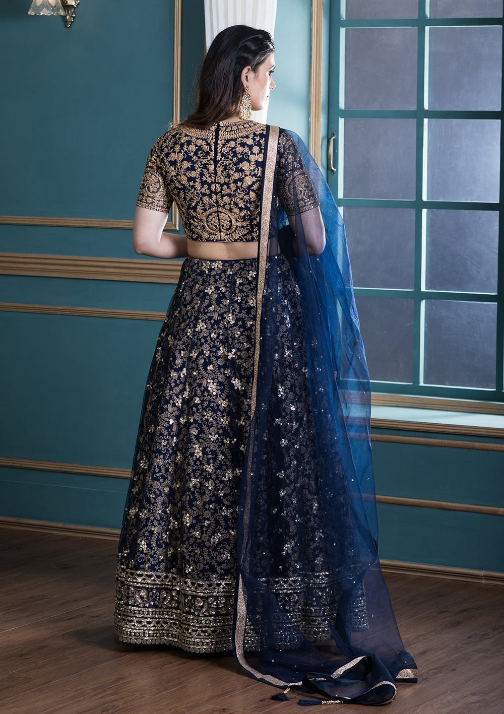Navy Blue Embellished Net Designer Lehenga-Koskii