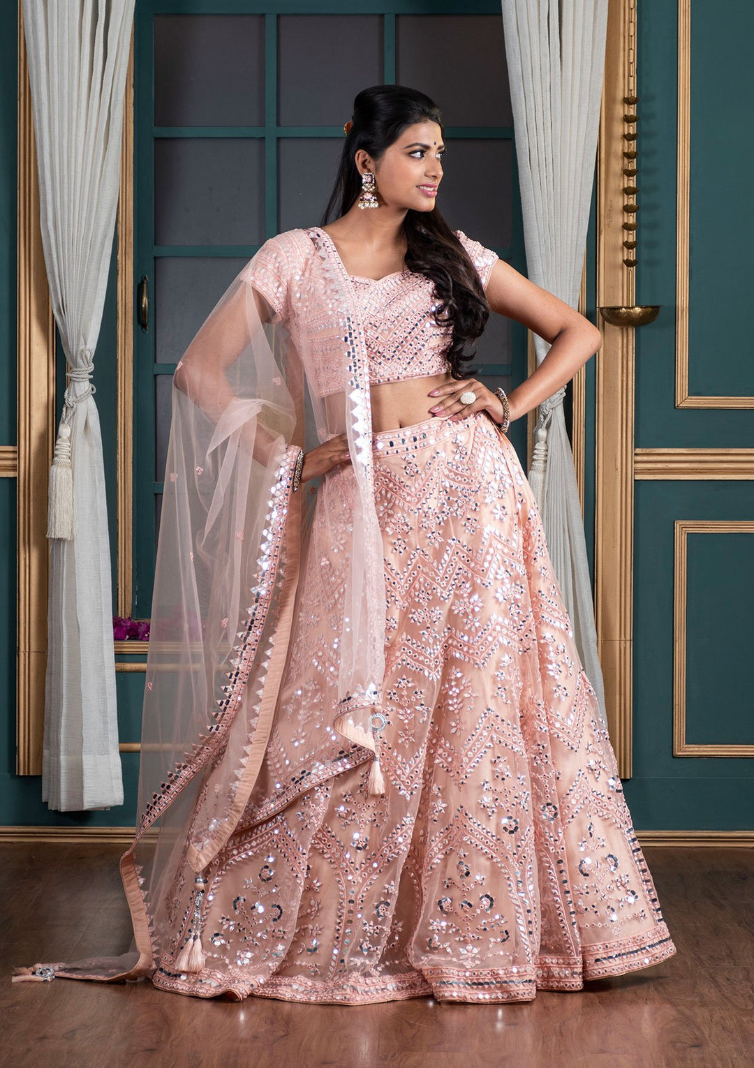 Peach Mirrorwork Net Designer Lehenga-Koskii
