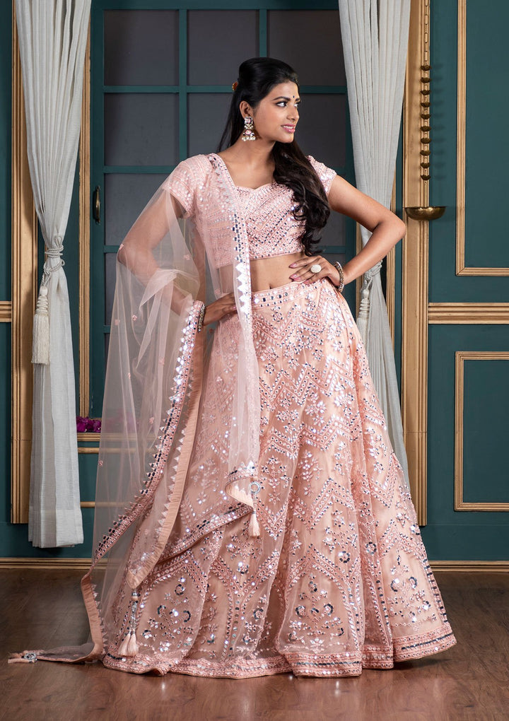 Peach Mirrorwork Net Designer Lehenga-Koskii