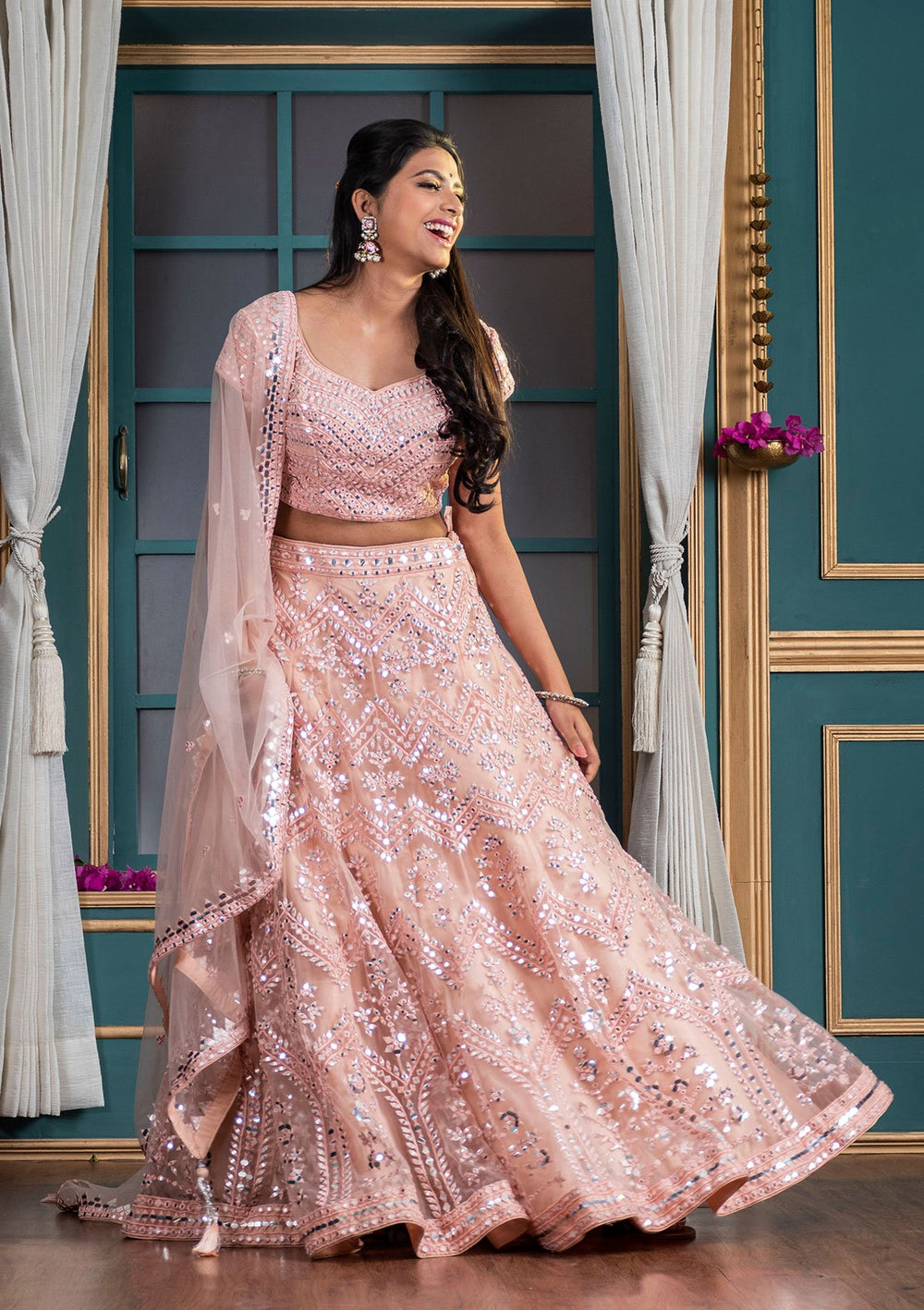 Peach Mirrorwork Net Designer Lehenga-Koskii