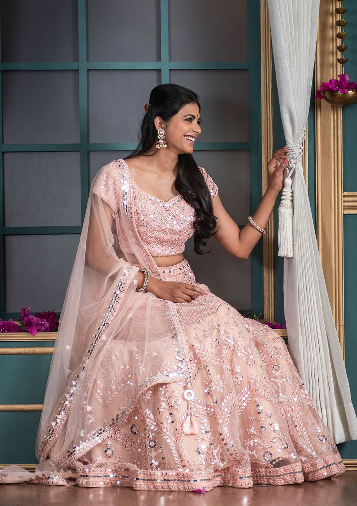 Peach Mirrorwork Net Designer Lehenga-Koskii
