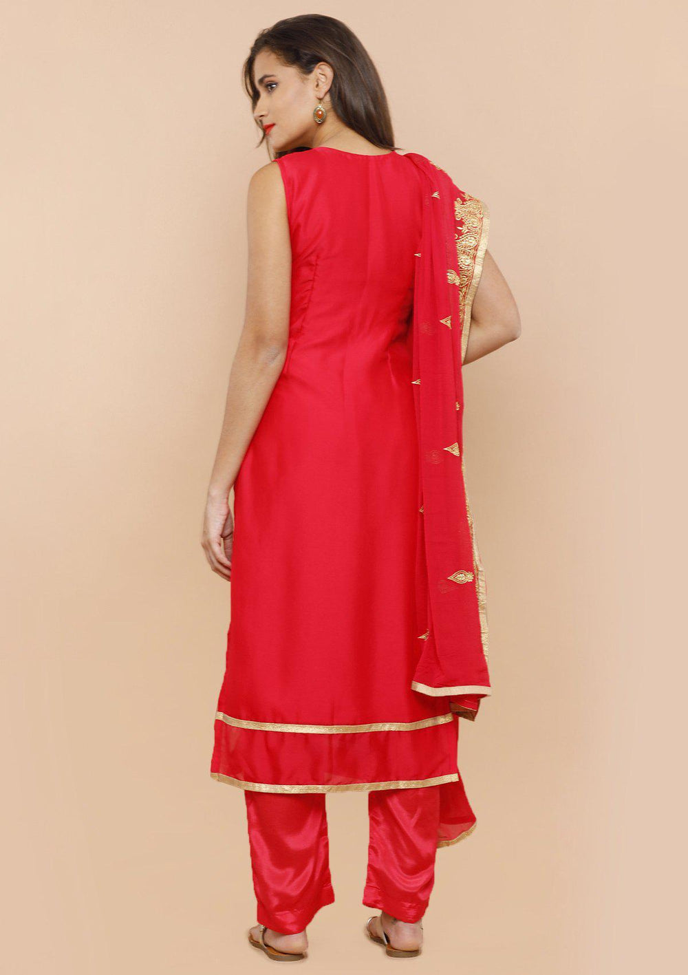 Red Chanderi Silk Designer Salwar Suit-Koskii