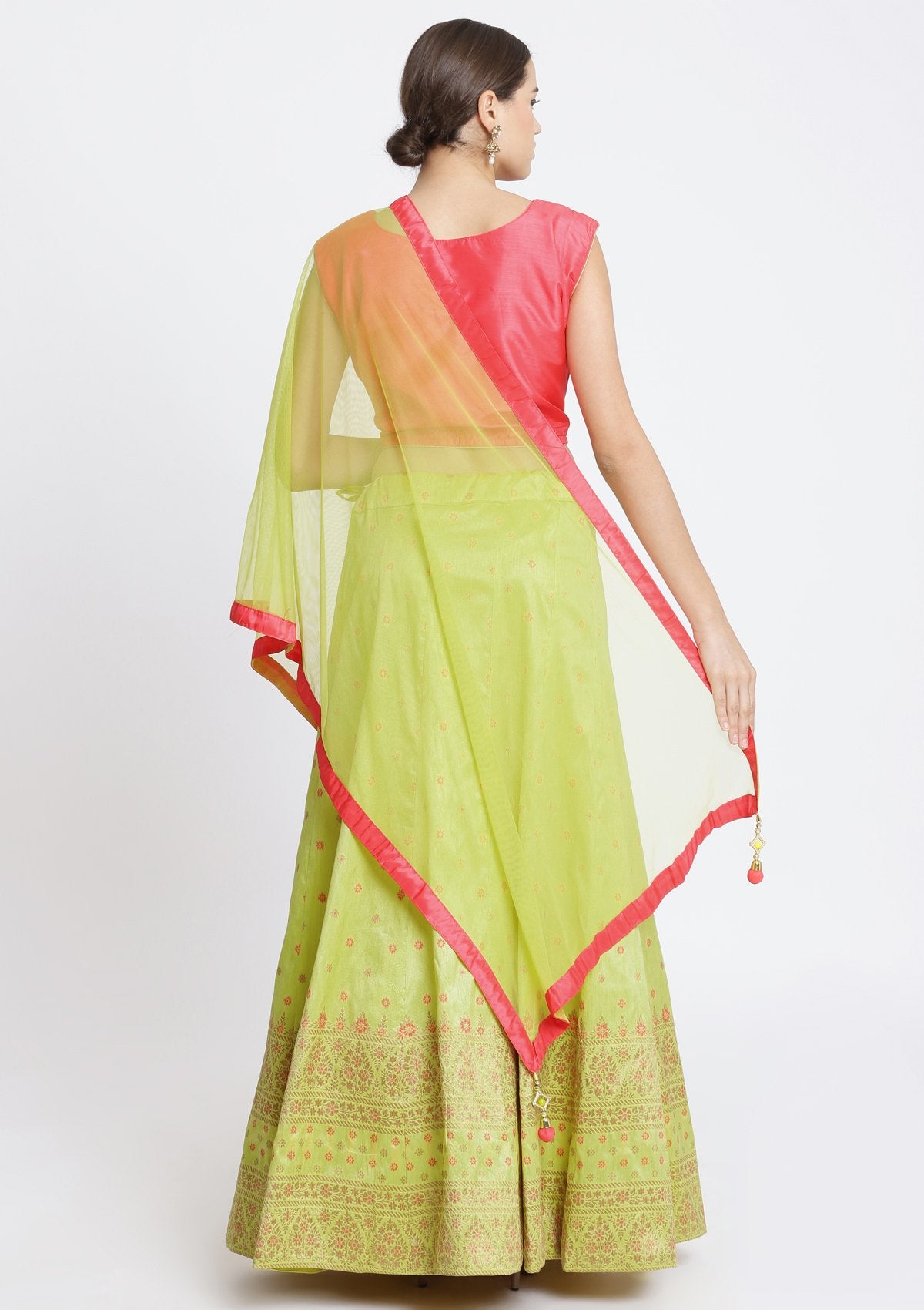 Parrot Green and Candy Pink Stonework Art Silk Designer Lehenga-Koskii