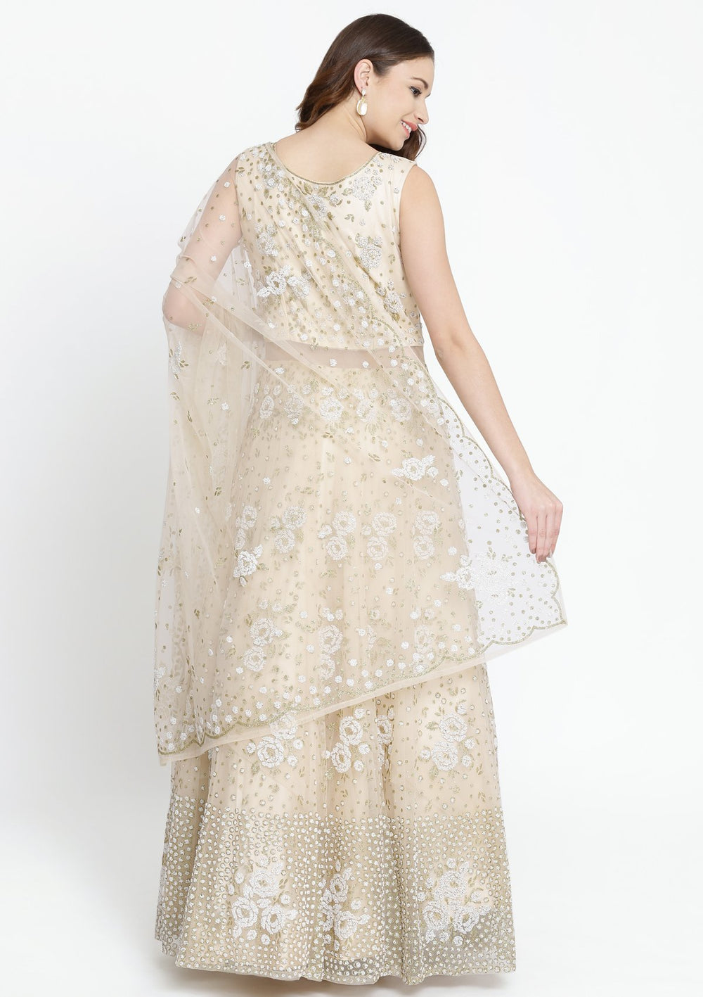 Beige Cutdana Net Designer Gown-Koskii