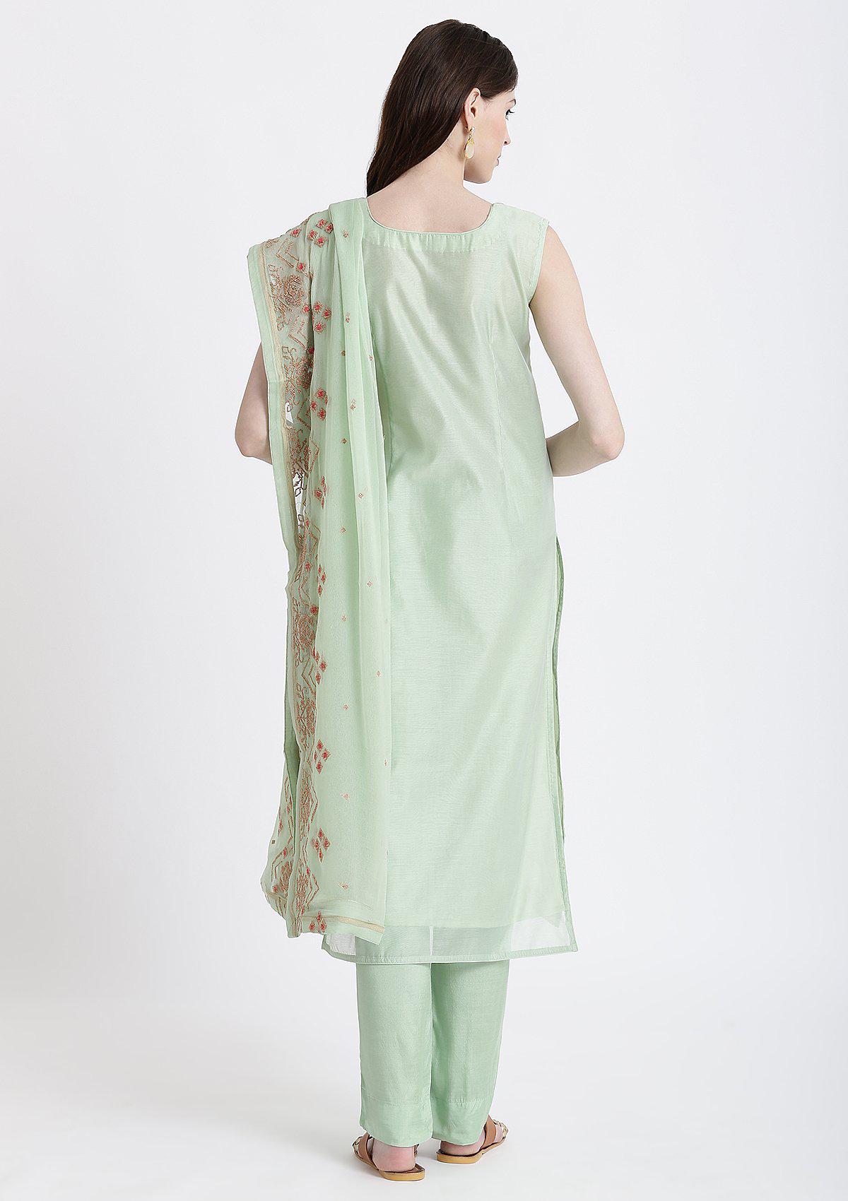 Pista Green Zariwork Chanderi Designer Salwar Suit-Koskii