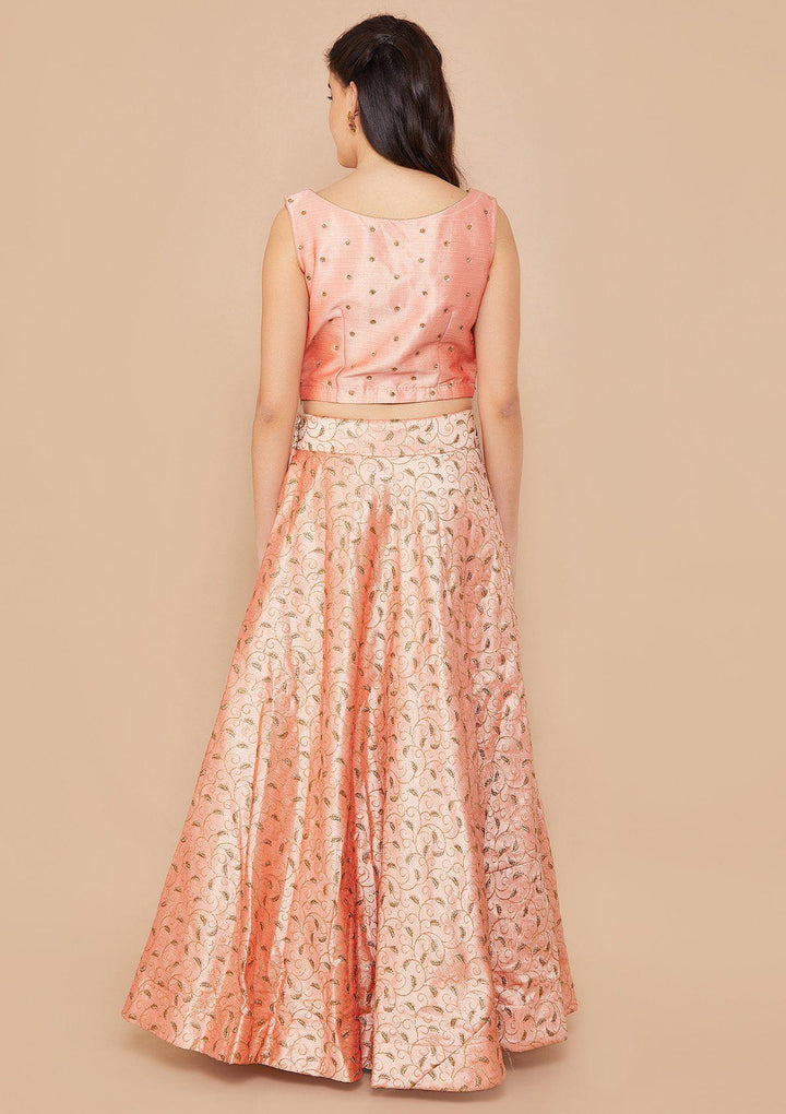 Peach Stonework Raw-silk Designer Lehenga-Koskii