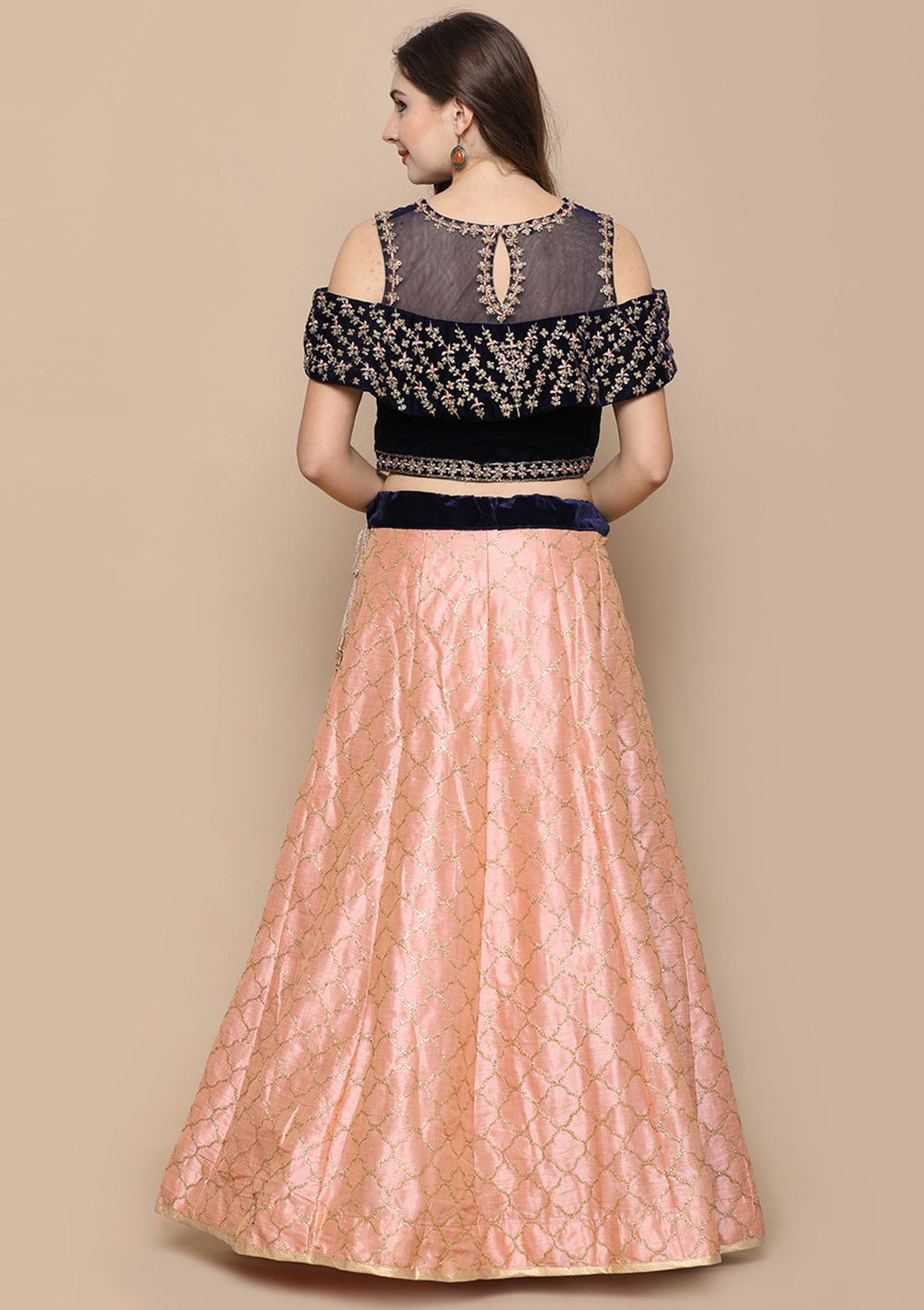 Pink Thread Work Velvet Designer Lehenga-Koskii