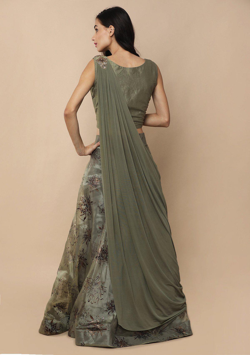 Sage Green Zardozi Work Tissue Designer Lehenga-Koskii