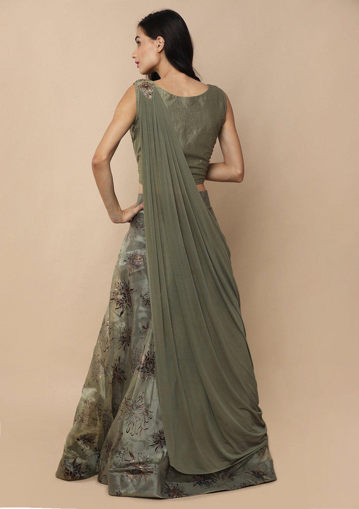 Sage Green Zardozi Work Tissue Designer Lehenga-Koskii
