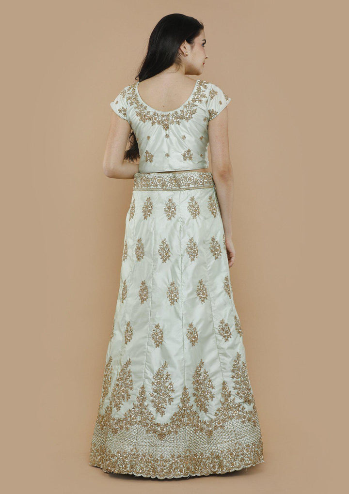 Mint Green Zari Work Silk Designer Lehenga-Koskii