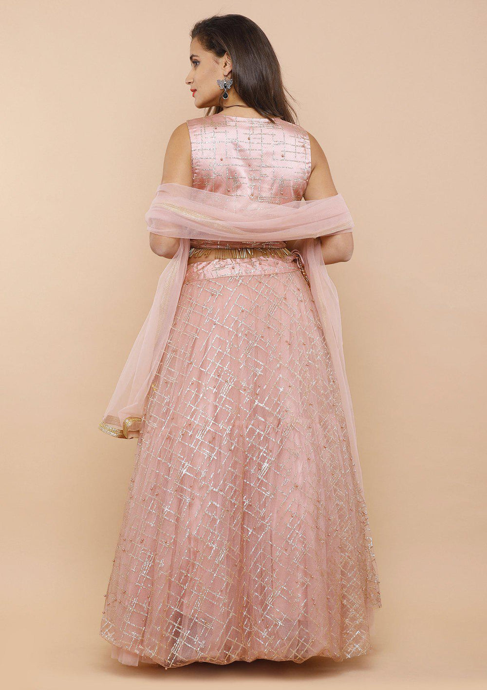 Pink Pearlwork Net Designer Lehenga-Koskii