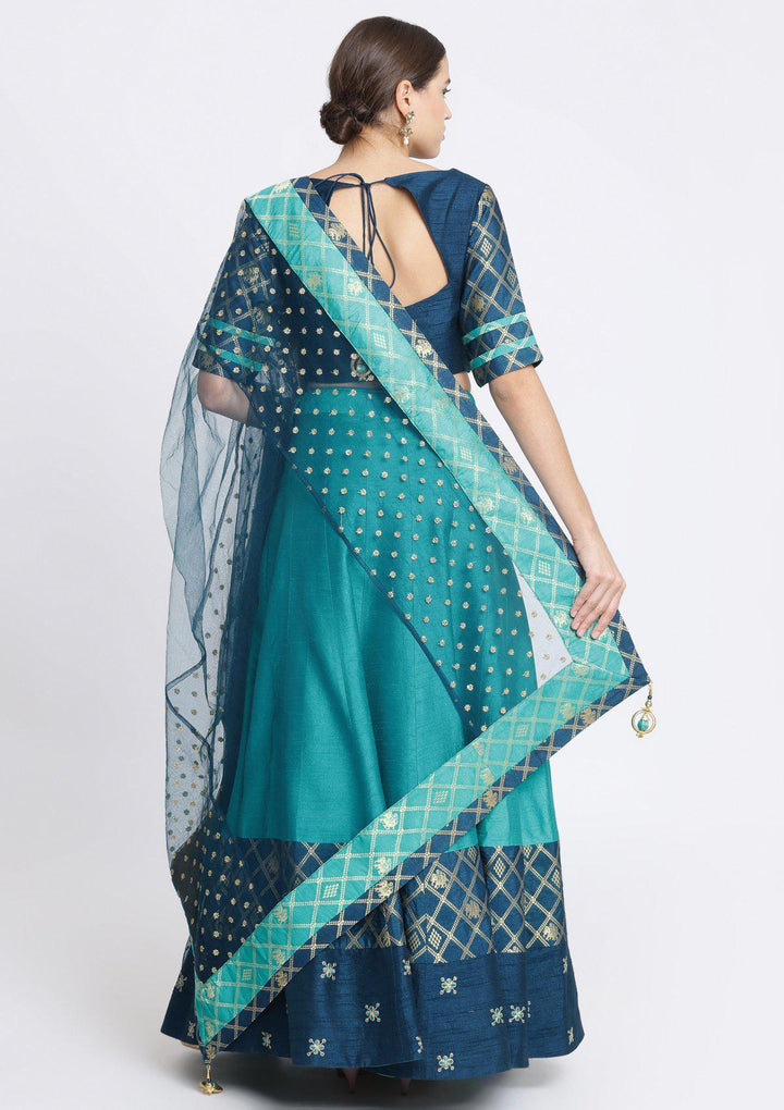 Turquoise Blue Zardosi Rawsilk Designer Lehenga-Koskii