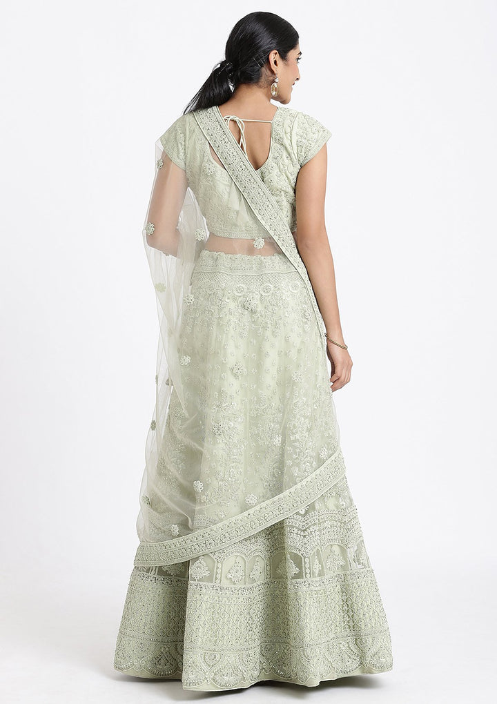 Pista Green Threadwork Net Designer Lehenga-Koskii