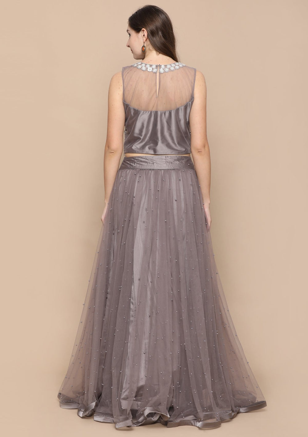 Dark Grey Pearl Embellished Satin Silk Designer Lehenga-Koskii