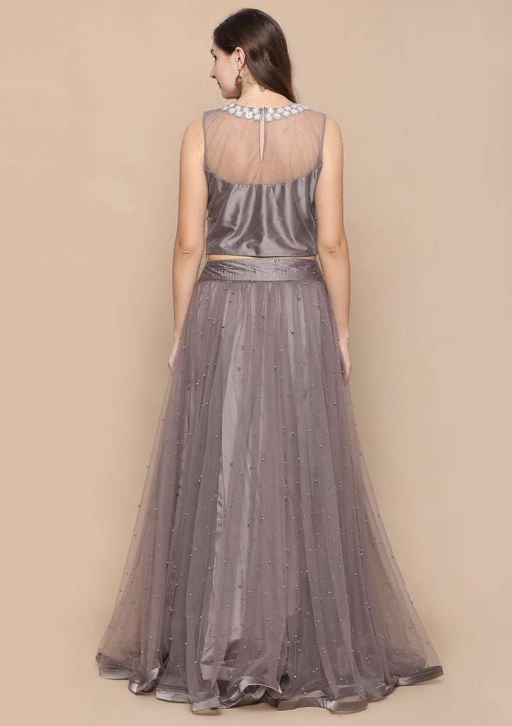 Dark Grey Pearl Embellished Satin Silk Designer Lehenga-Koskii