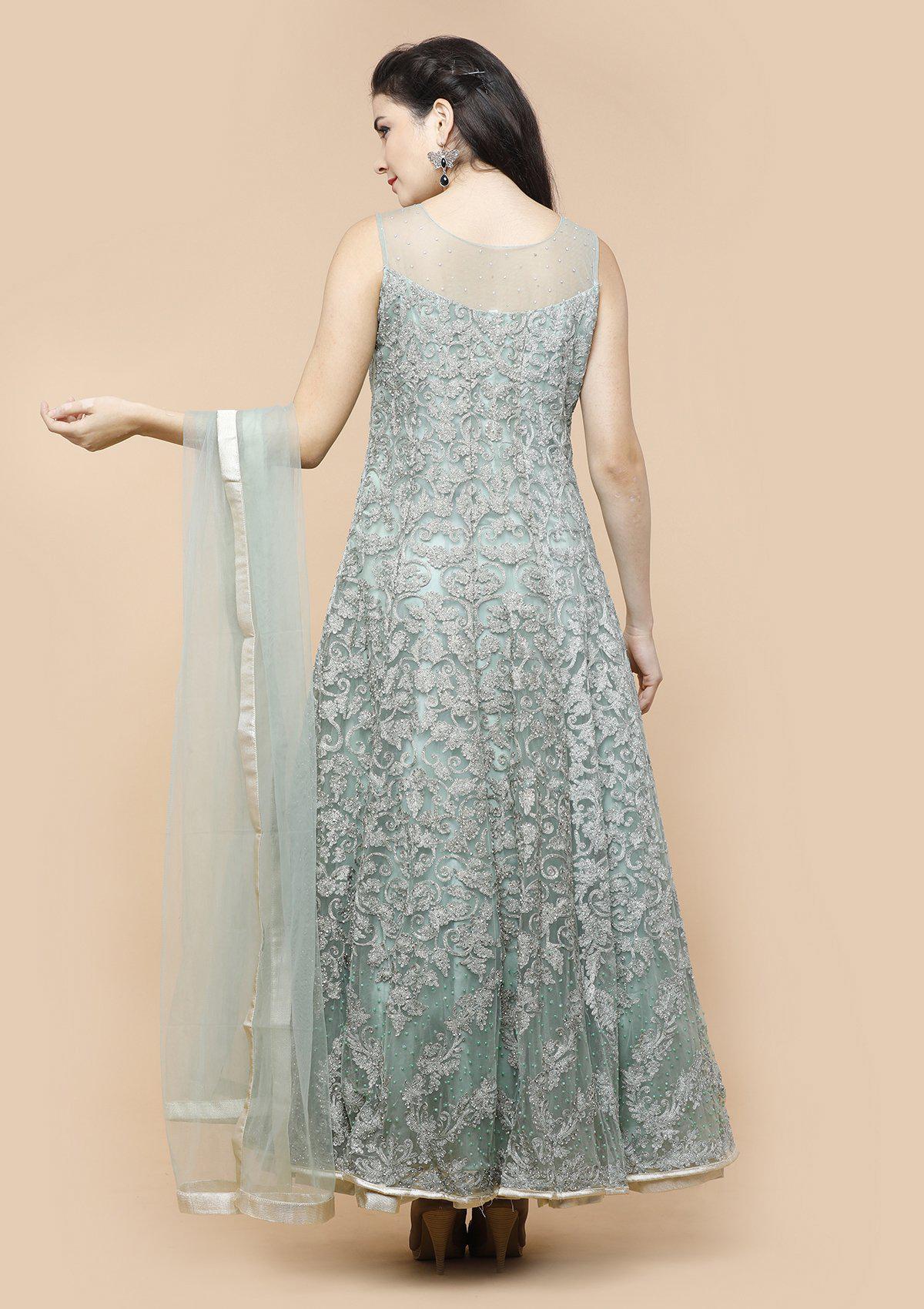 Teal Green Threadwork Net Designer Gown-Koskii