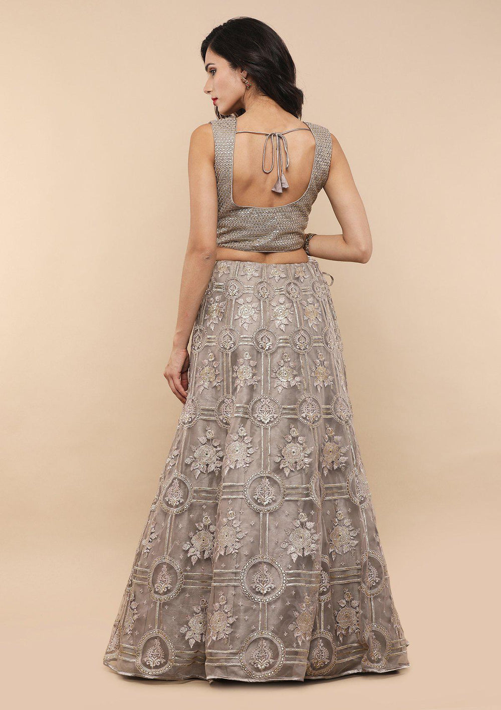 Grey Thread Work Net Designer Lehenga-Koskii