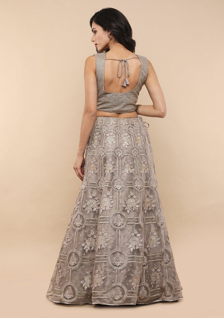 Grey Thread Work Net Designer Lehenga-Koskii
