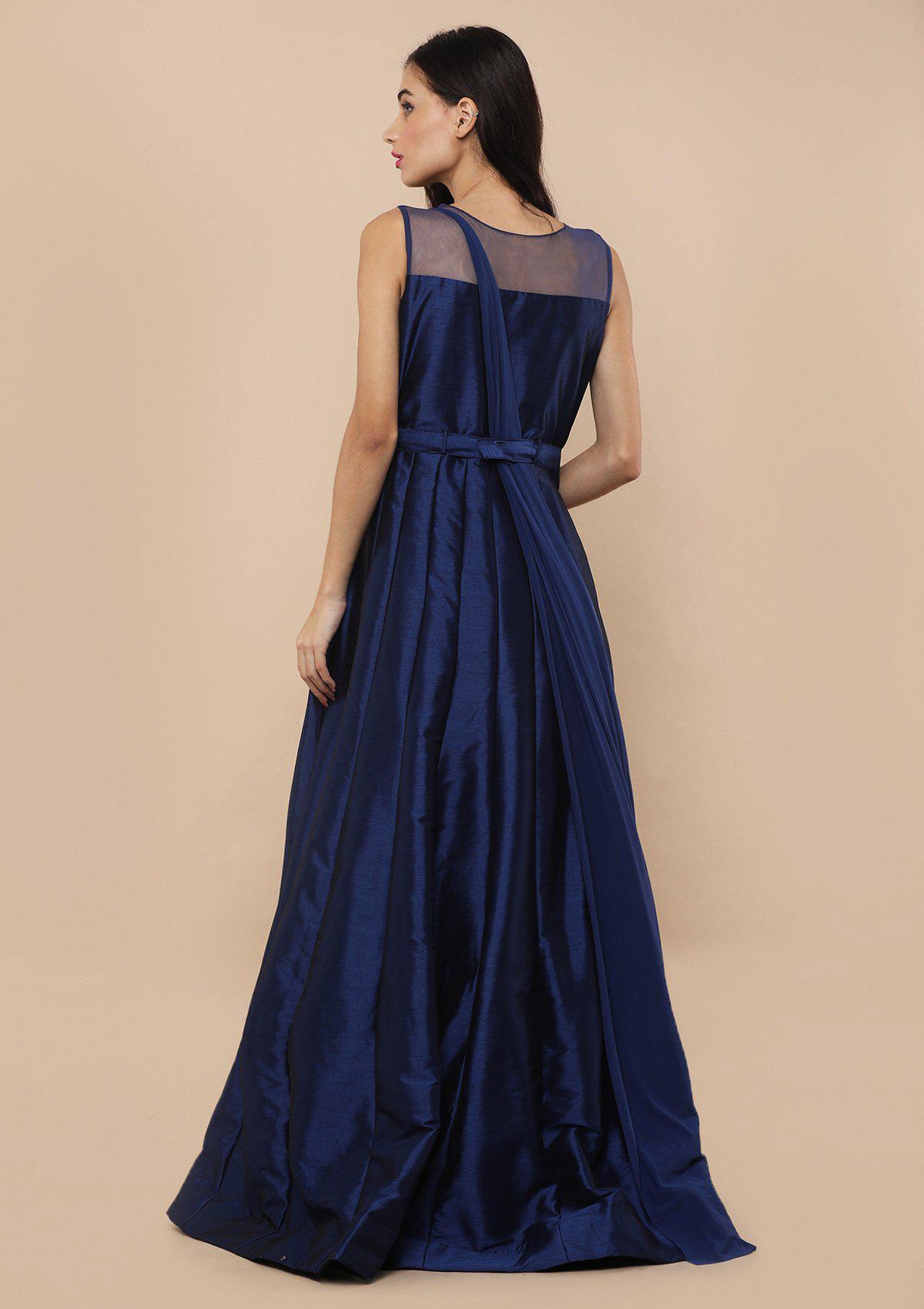 Blue Stone & Bead Work Silk Designer Gown-Koskii
