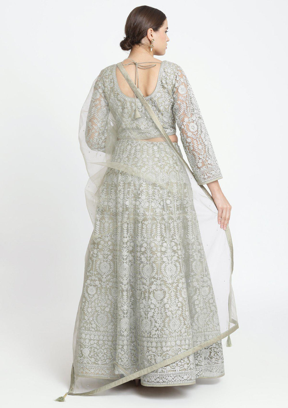 Light Olive Green Zariwork Net Designer Lehenga-Koskii