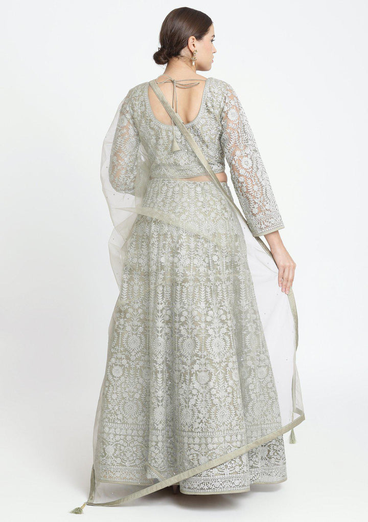 Light Olive Green Zariwork Net Designer Lehenga-Koskii