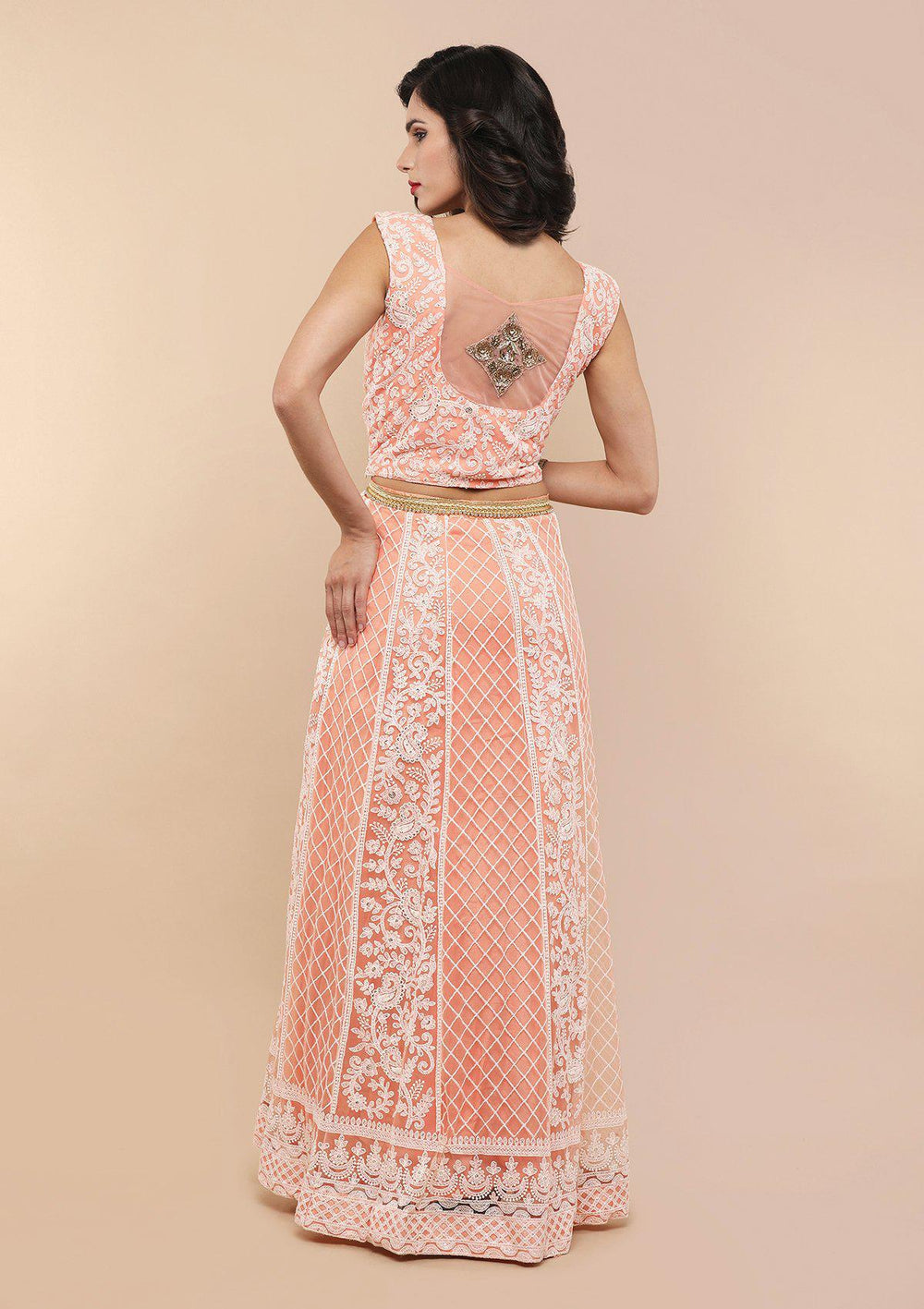 Peach Thread Work Net Designer Lehenga-Koskii