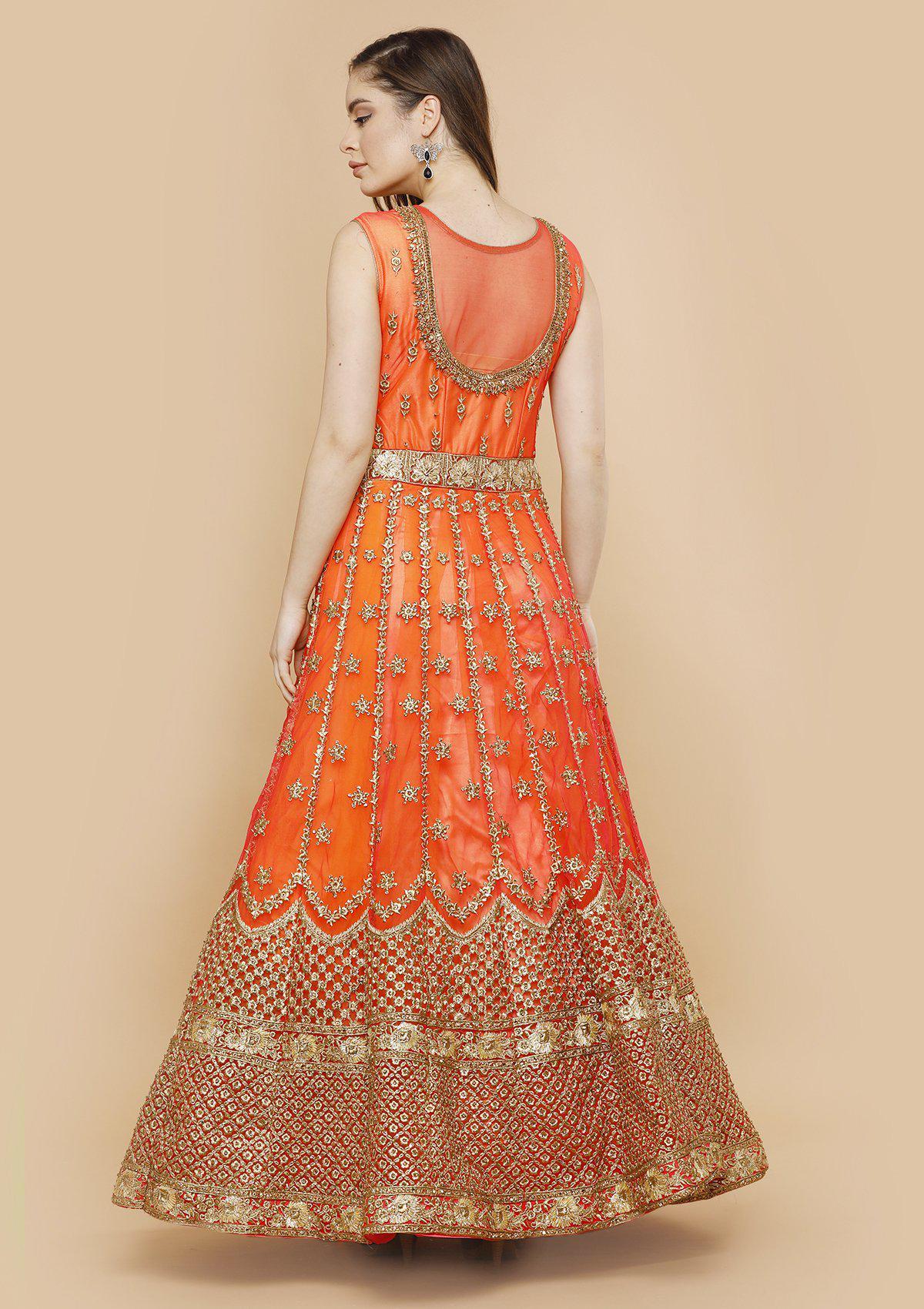 Orange and Gold Zariwork Designer Gown-Koskii