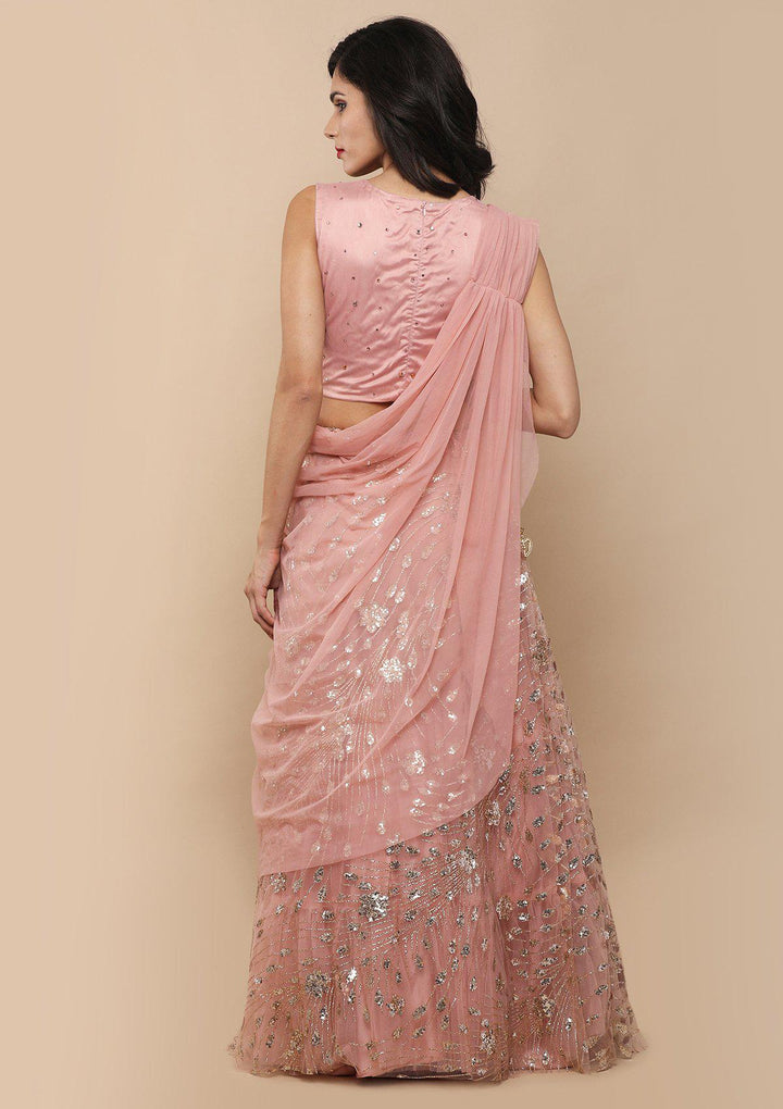 Dusty Rose Drape Net Designer Lehenga-Koskii
