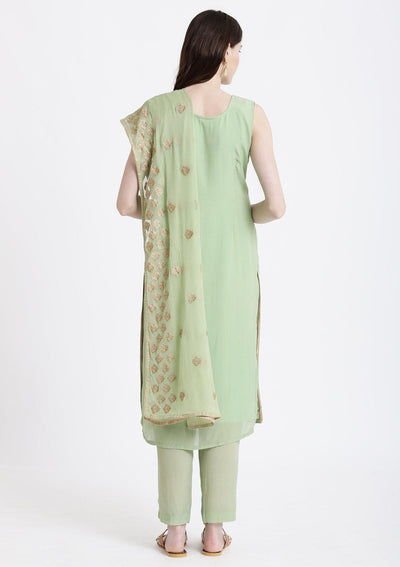 Pista Green Zariwork Semi Crepe Designer Salwar Suit-Koskii