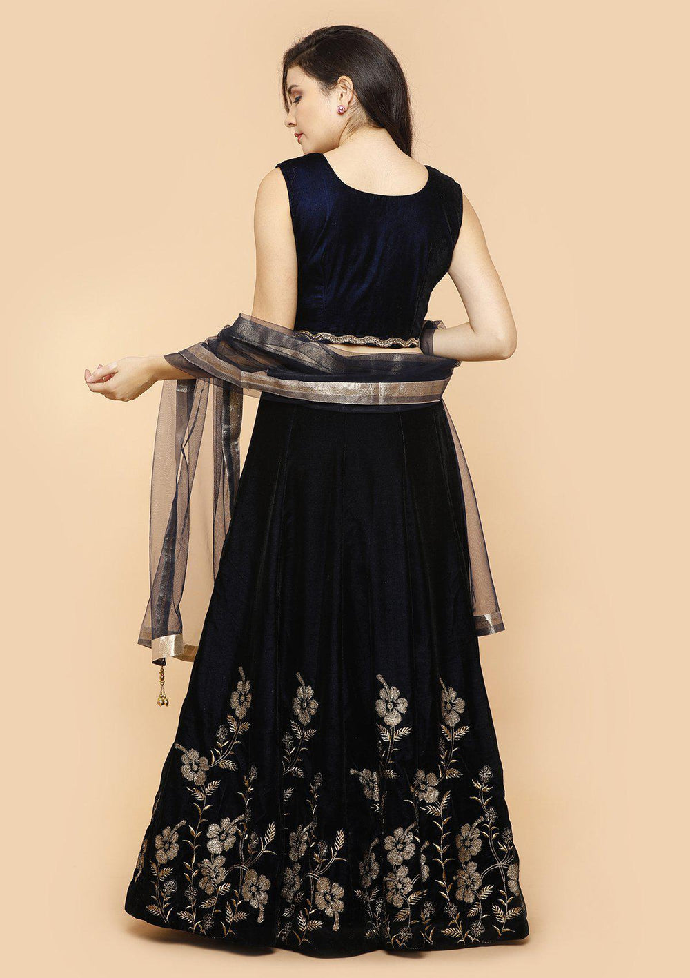 Midnight Blue Embellished Velvet Designer Lehenga-Koskii