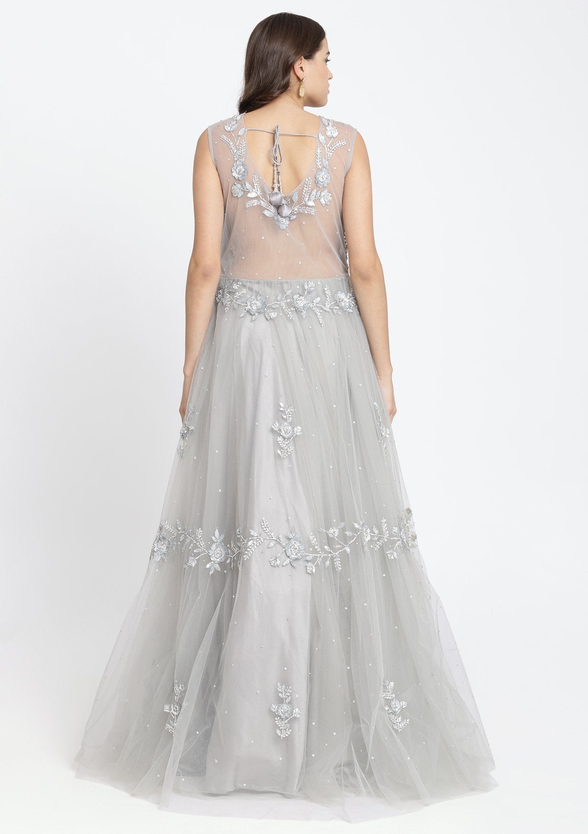 Light Grey Sequinned Net Designer Gown-Koskii
