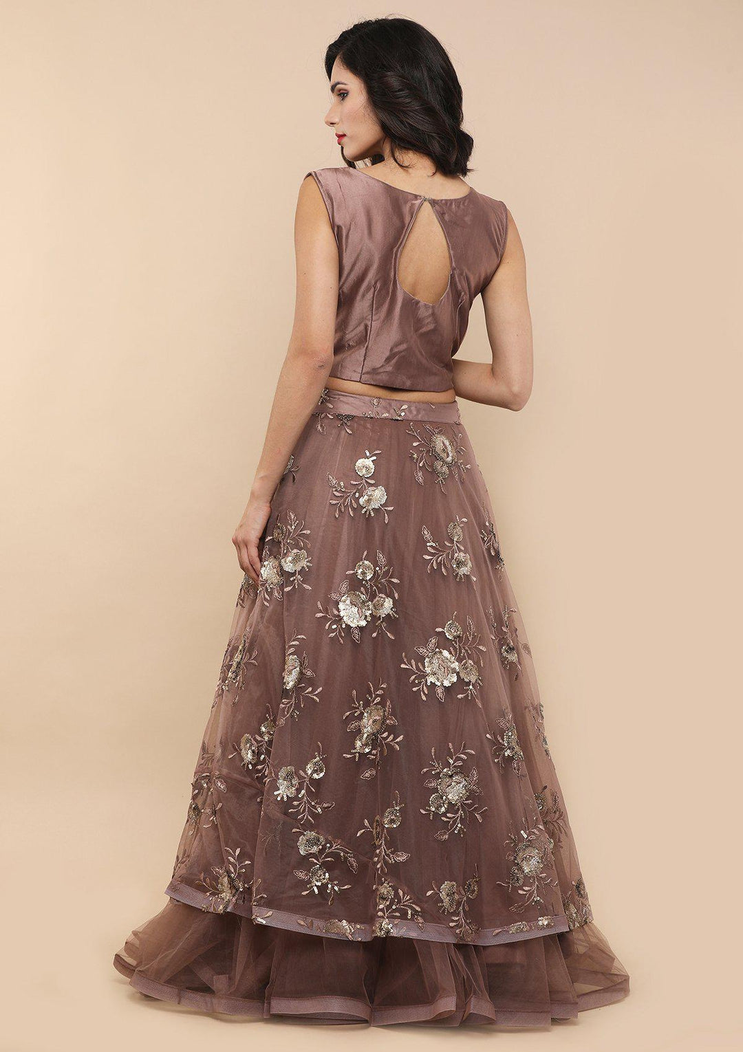 Dark Mauve Floral Net Designer Lehenga-Koskii