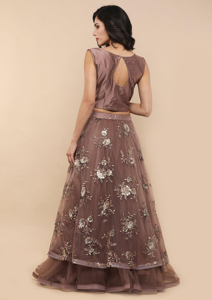 Dark Mauve Floral Net Designer Lehenga-Koskii