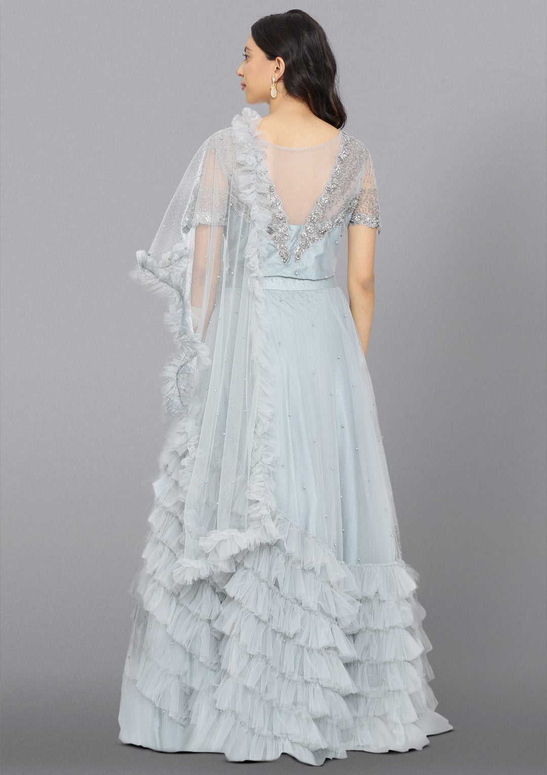 Light Grey Cutdana Net Designer Lehenga-Koskii