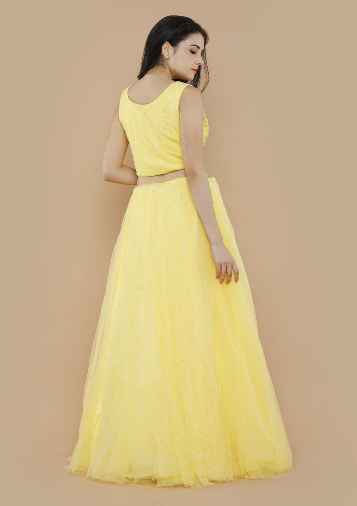 Yellow Sequinned Net Designer Lehenga-Koskii