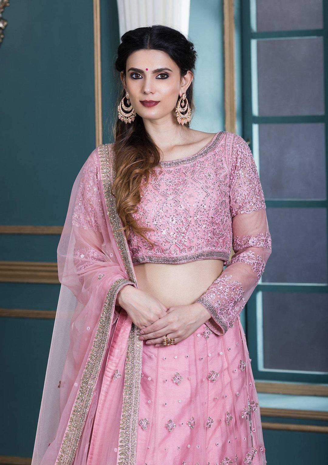 Pink Thread Work Net Designer Lehenga-Koskii