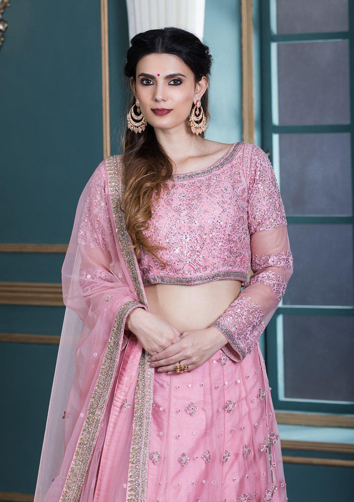 Pink Thread Work Net Designer Lehenga-Koskii