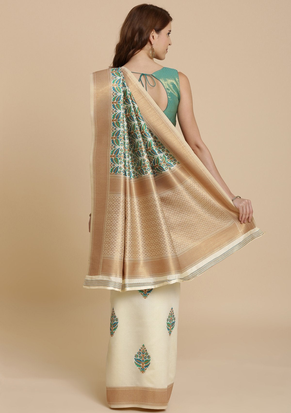 Green and Cream Thread Work Art Silk Designer Saree-Koskii