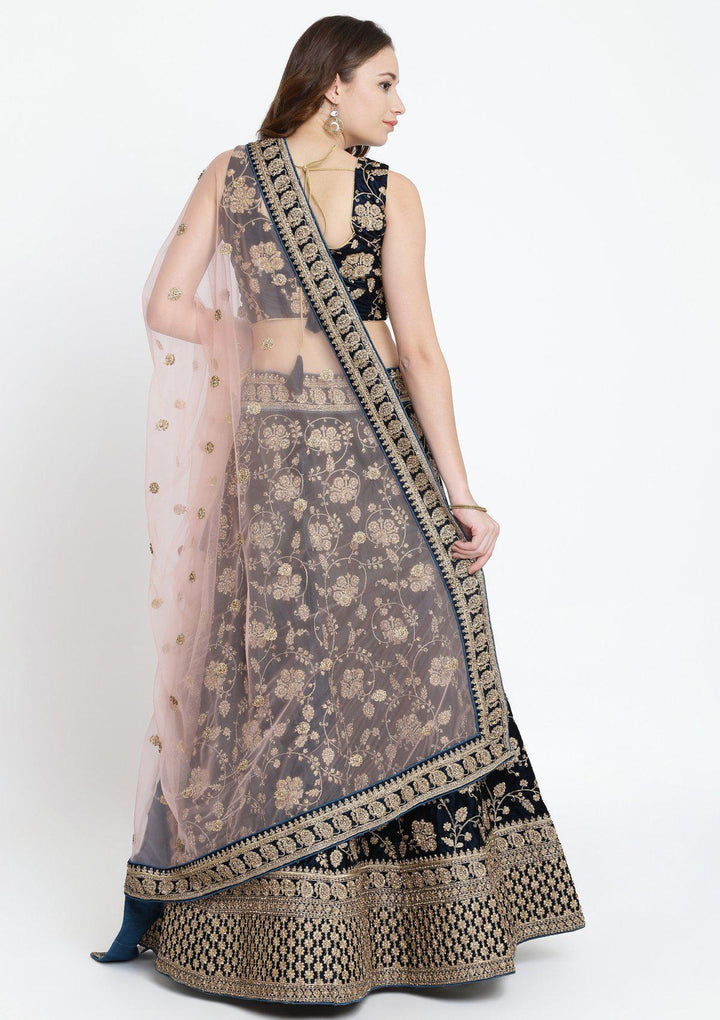 Peacock Blue Stonework Velvet Designer Lehenga-Koskii