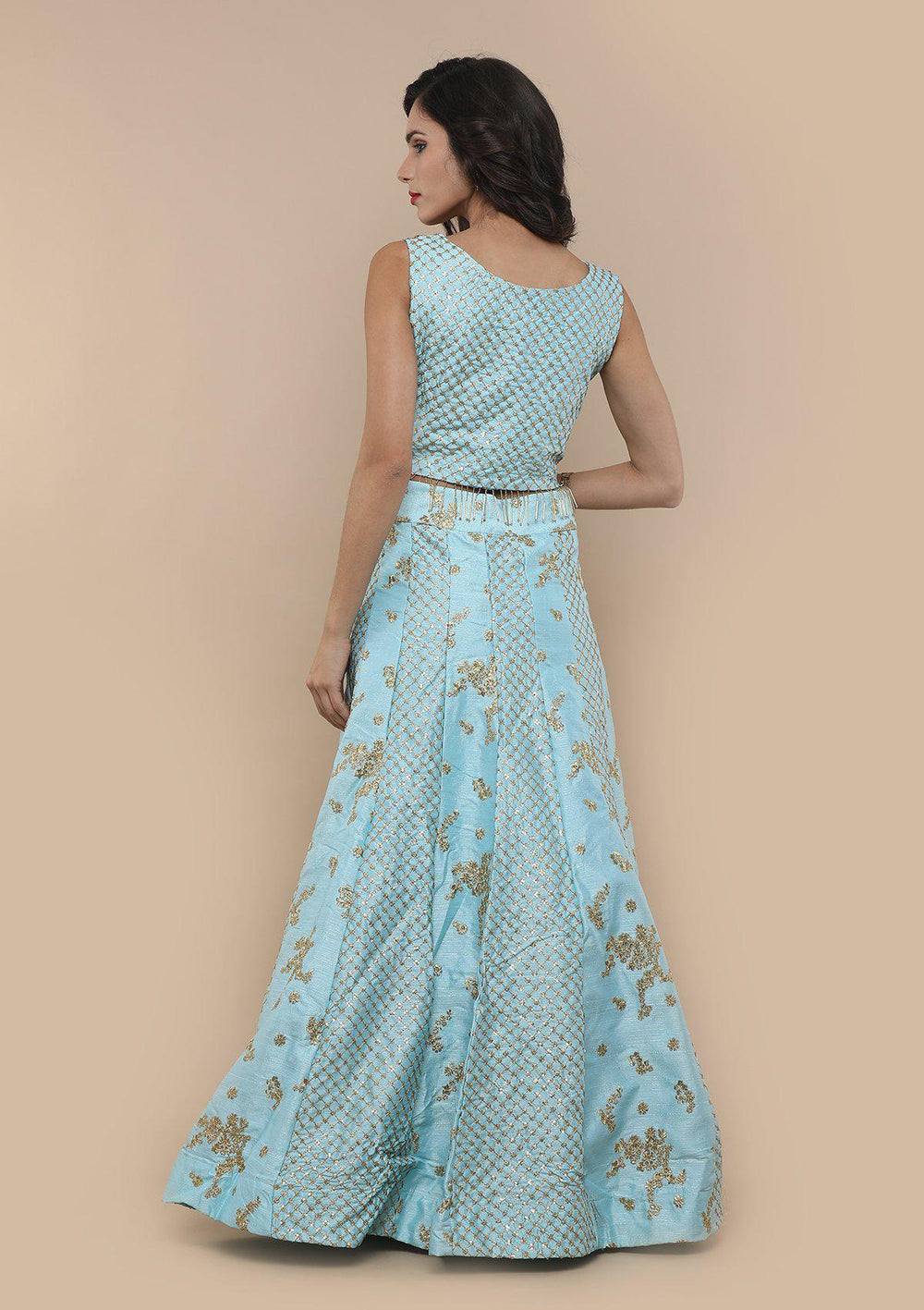 Blue Sequinned Raw Silk Designer Lehenga-Koskii