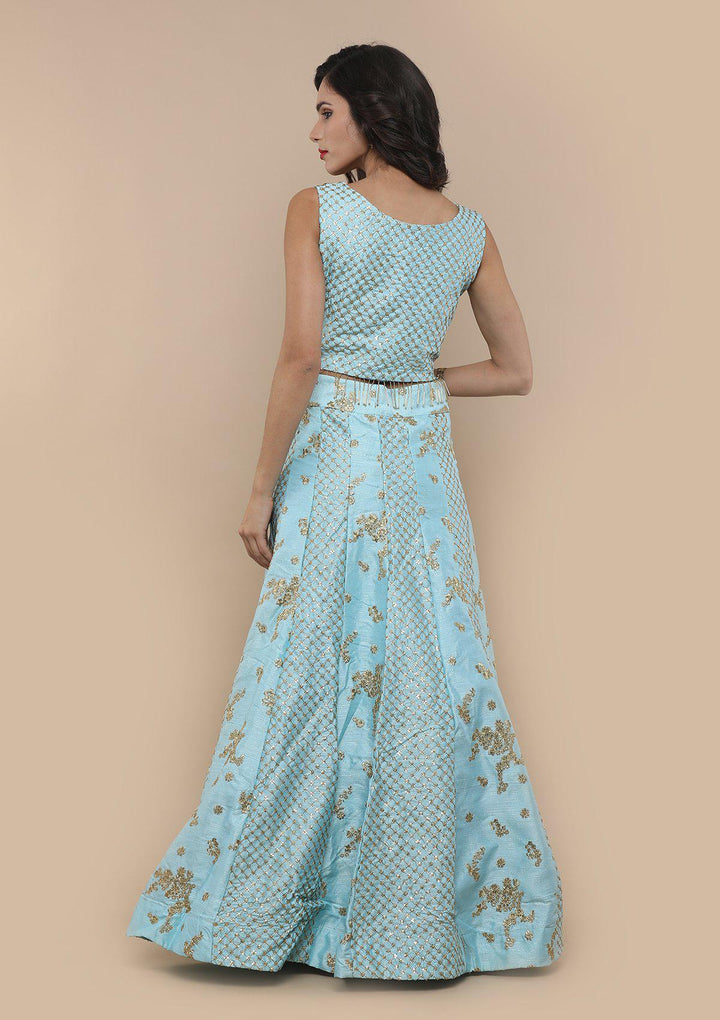 Blue Sequinned Raw Silk Designer Lehenga-Koskii