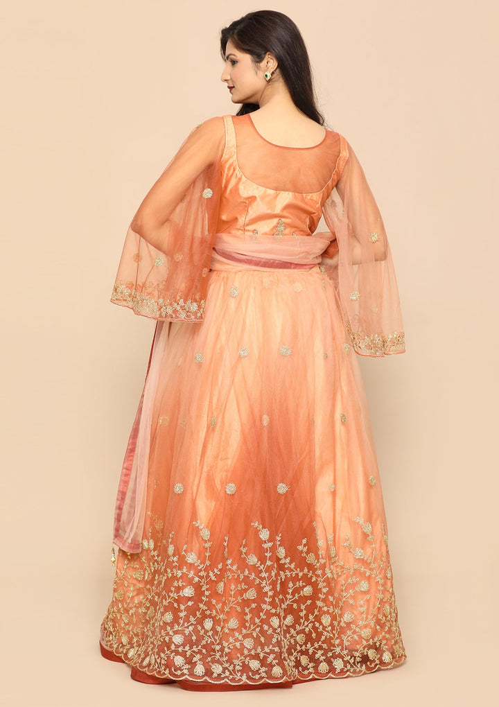 Peach Thread Work Net Designer Lehenga-Koskii