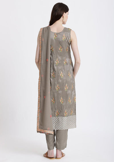 Dark Grey Zariwork Tissue Designer Salwar Suit-Koskii