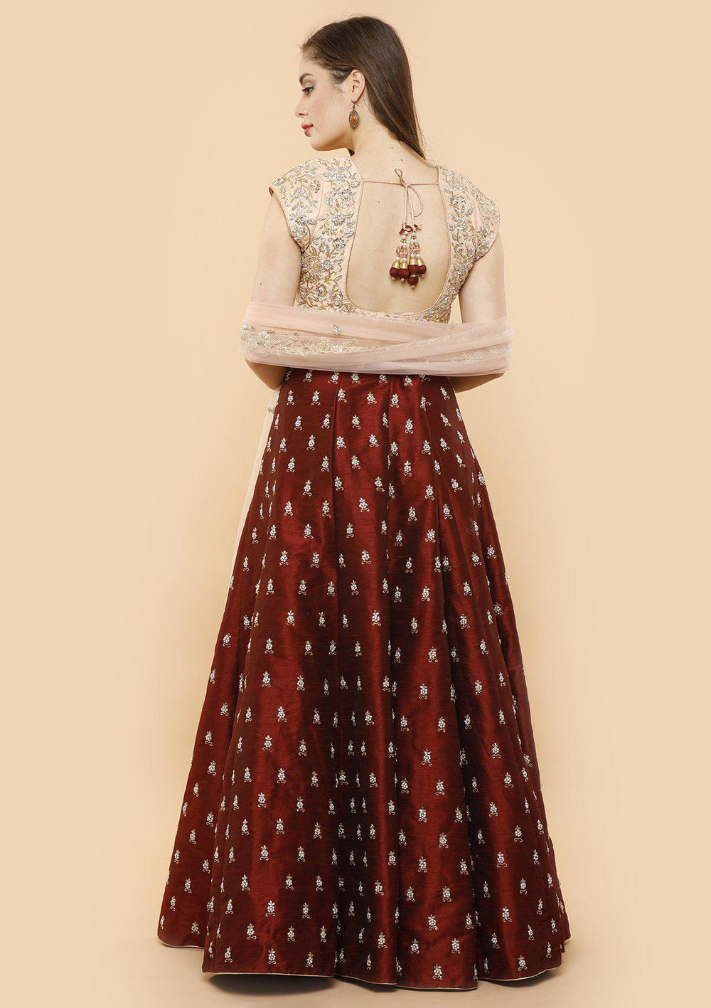 KOSKII rawsilk maroon and pink bridal lehenga-Koskii